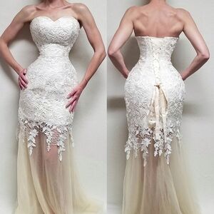 Bridal Ivory Lace Trumpet Mesh Sleeveless Sweetheart Neckline Tulle Maxi Dress